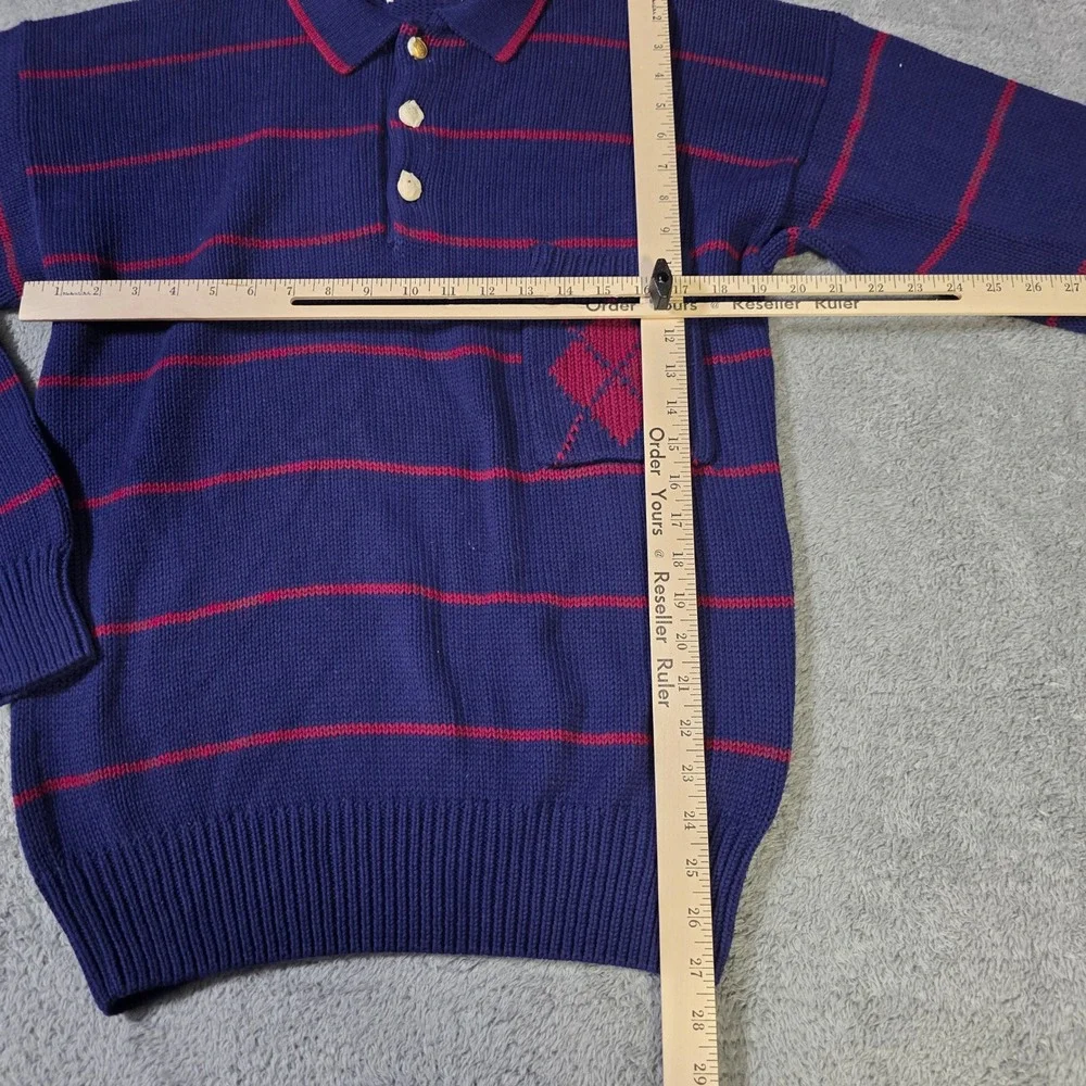 Pringle of Scotland Mens Medium Polo Sweater Purple Red Striped Argyle‎ Pocket